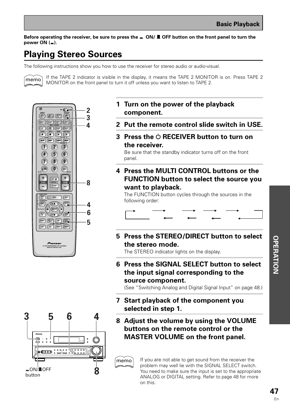 Playing stereo sources, Opera tion, Basic playback | The stereo indicator lights on the display, If you are not, On/—off button | Pioneer VSX-909RDS User Manual | Page 47 / 96