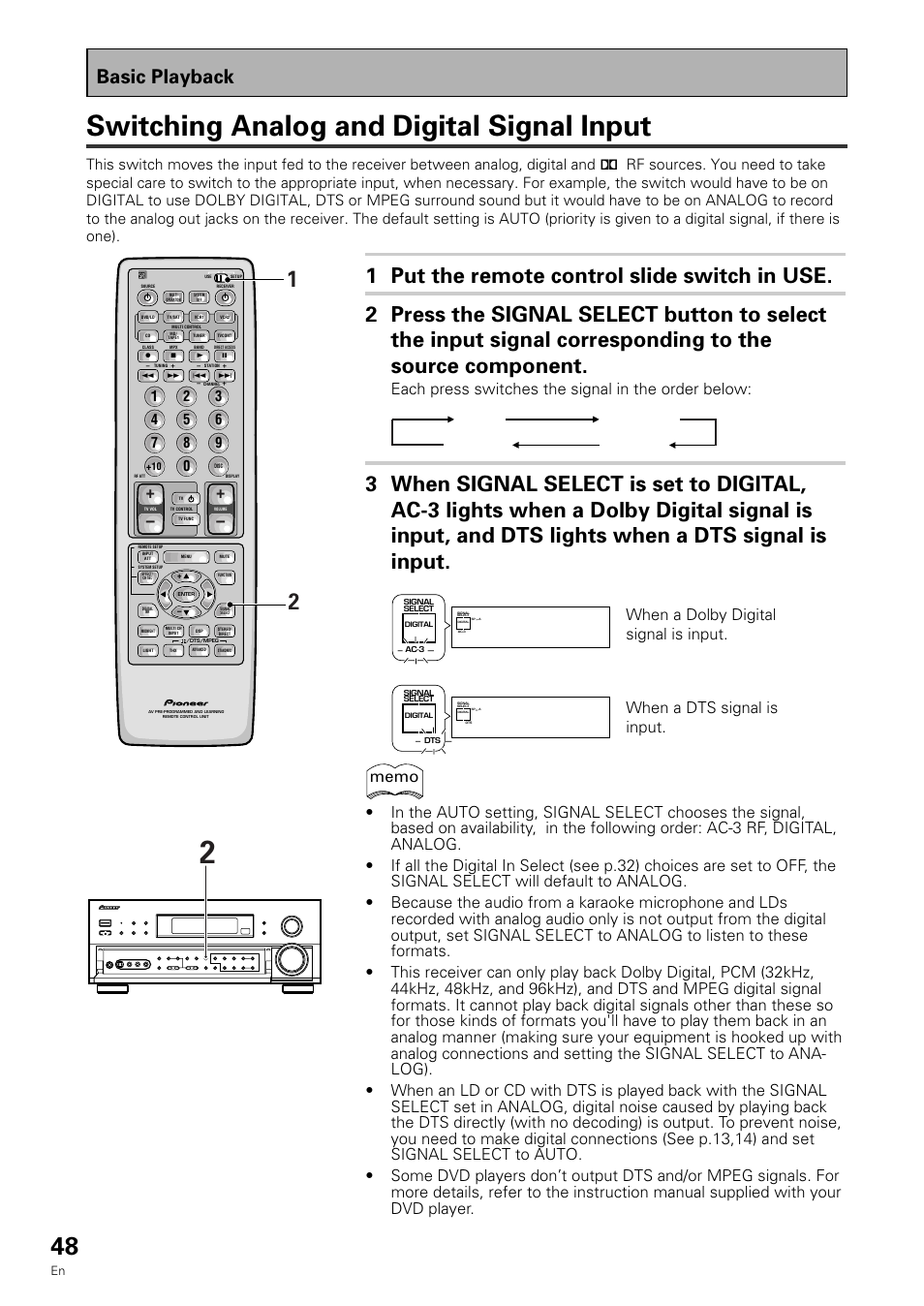 Switching analog and digital signal input, Basic playback, Each press switches the signal in the order below | Auto analog ac-3rf digital | Pioneer VSX-909RDS User Manual | Page 48 / 96