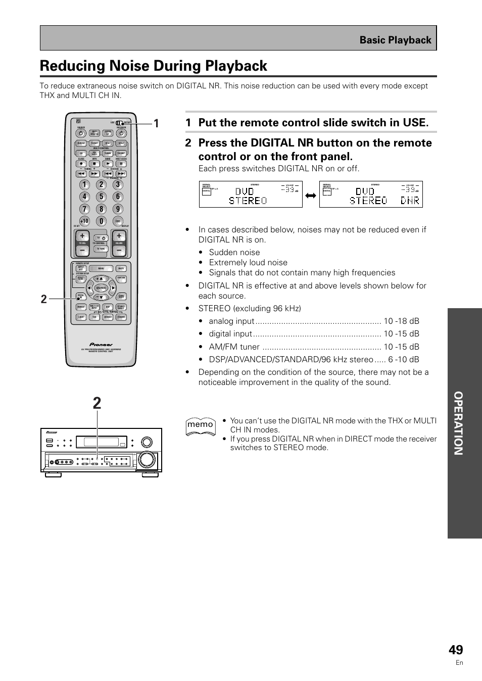 Reducing noise during playback, Opera tion, Basic playback | Each press switches digital nr on or off | Pioneer VSX-909RDS User Manual | Page 49 / 96