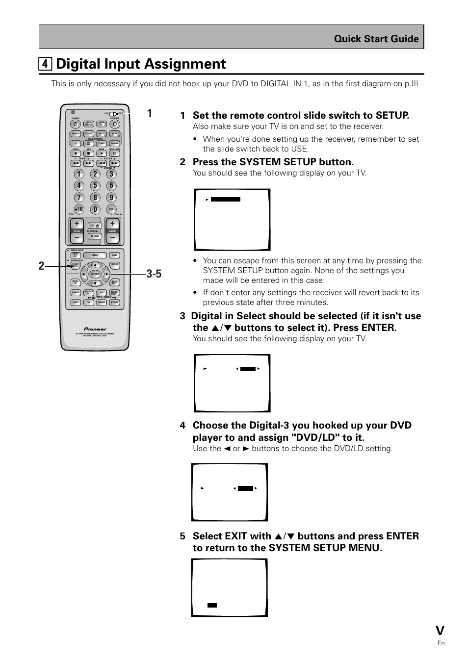 44 digital input assignment, Quick start guide, 1 set the remote control slide switch to setup | 2 press the system setup button, You should see the following display on your tv | Pioneer VSX-909RDS User Manual | Page 5 / 96