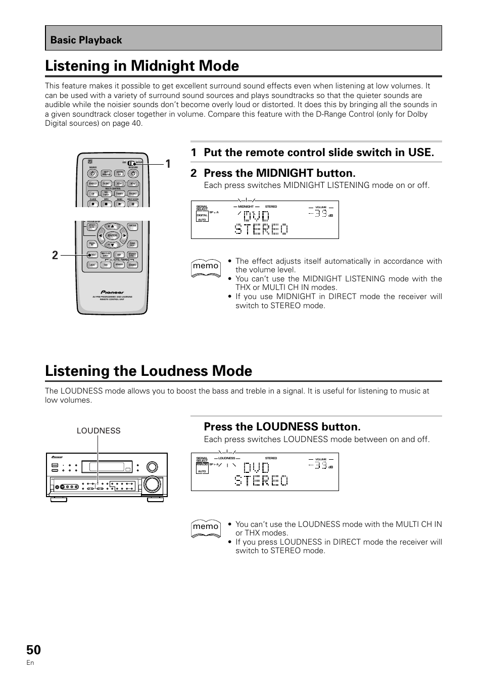 Listening in midnight mode using the loudness mode, Listening the loudness mode, Listening in midnight mode | Press the loudness button, Basic playback, Loudness | Pioneer VSX-909RDS User Manual | Page 50 / 96