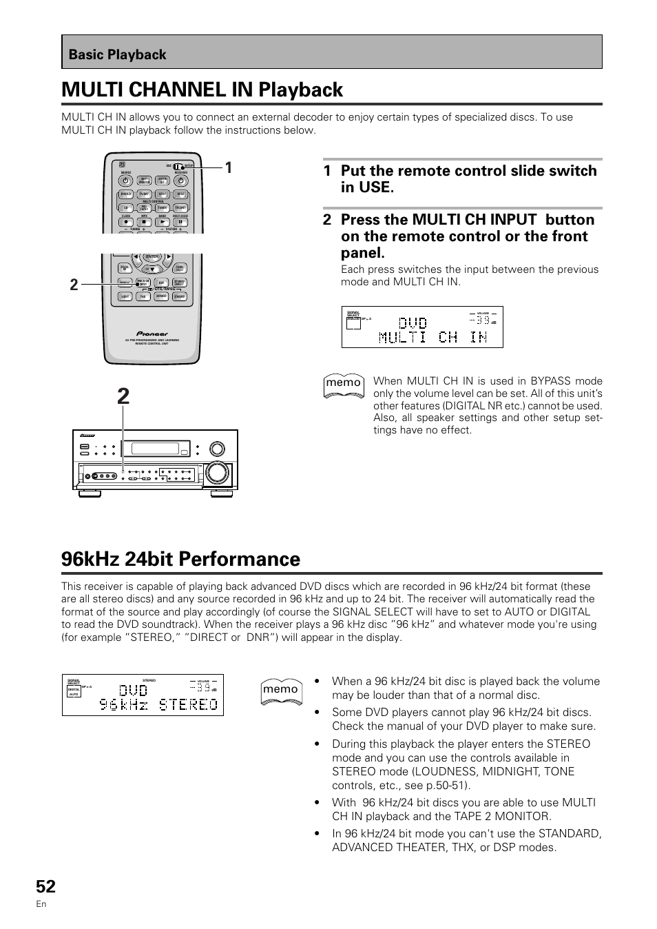 Multi channel in playback 96khz 24bit performance, Multi channel in playback, 96khz 24bit performance | Basic playback | Pioneer VSX-909RDS User Manual | Page 52 / 96