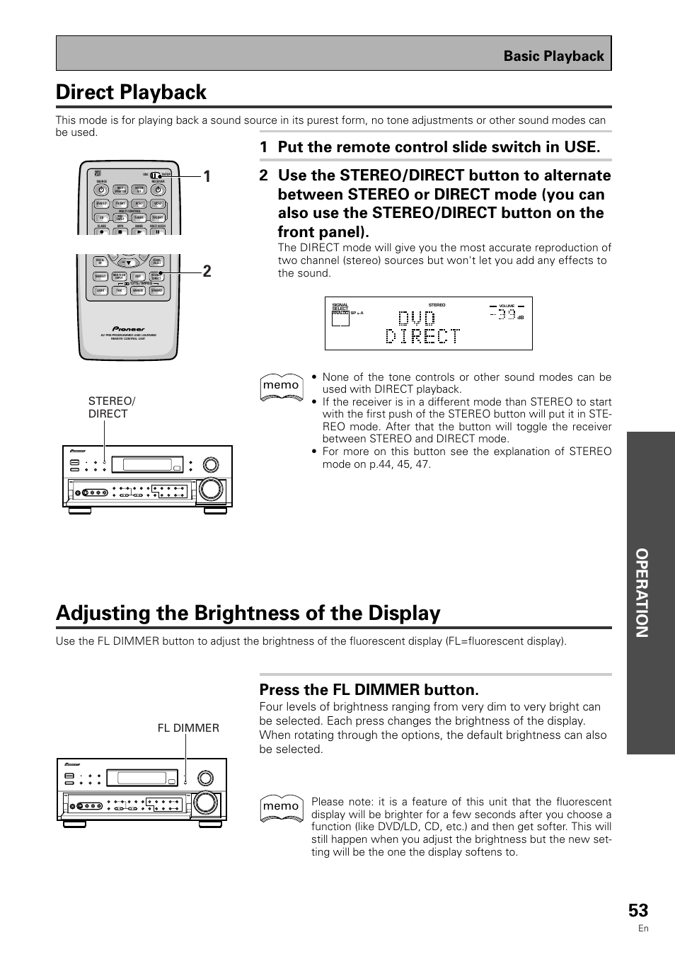 Adjusting the brightness of the display, Direct playback, Opera tion | Press the fl dimmer button, Basic playback, Fl dimmer stereo/ direct | Pioneer VSX-909RDS User Manual | Page 53 / 96