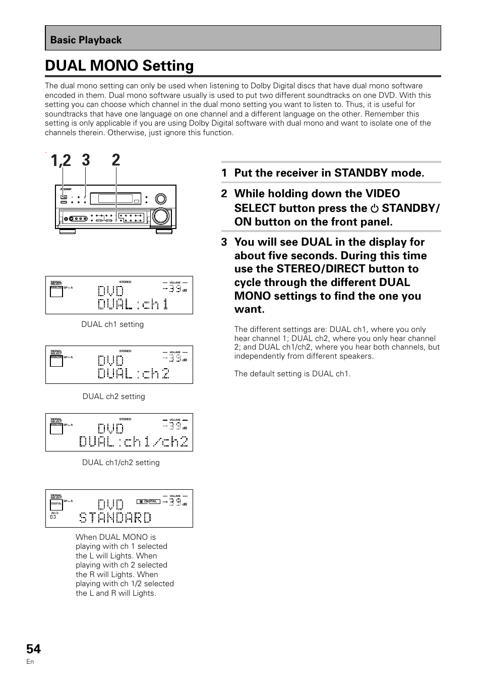 Dual mono setting, Basic playback | Pioneer VSX-909RDS User Manual | Page 54 / 96