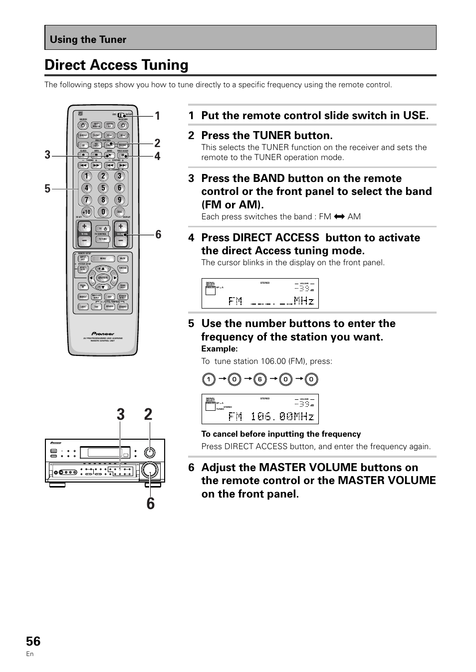 Direct access tuning, Using the tuner, Each press switches the band : fm j am | Pioneer VSX-909RDS User Manual | Page 56 / 96