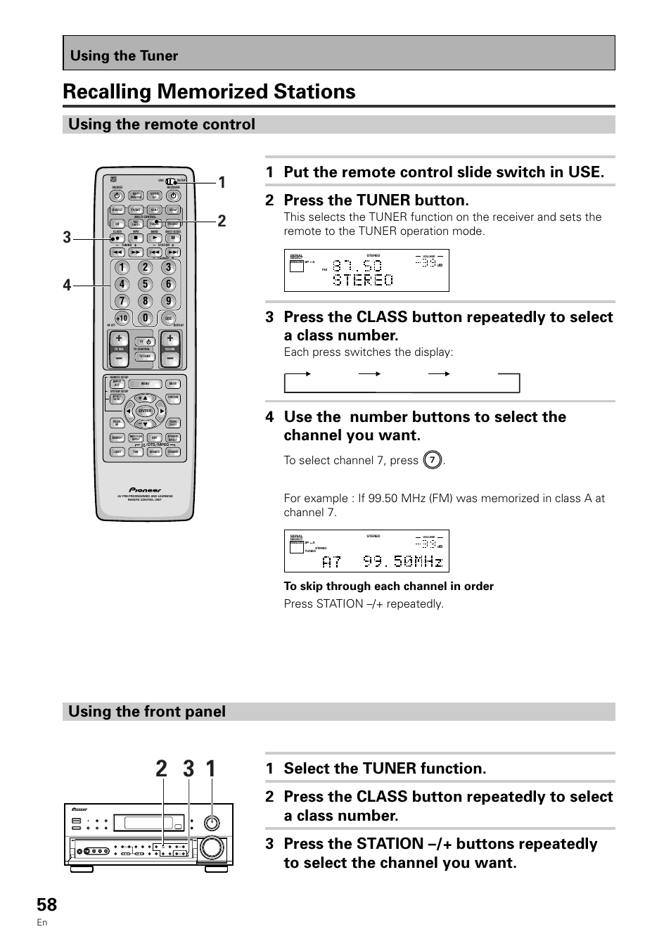 Using the tuner, Each press switches the display | Pioneer VSX-909RDS User Manual | Page 58 / 96