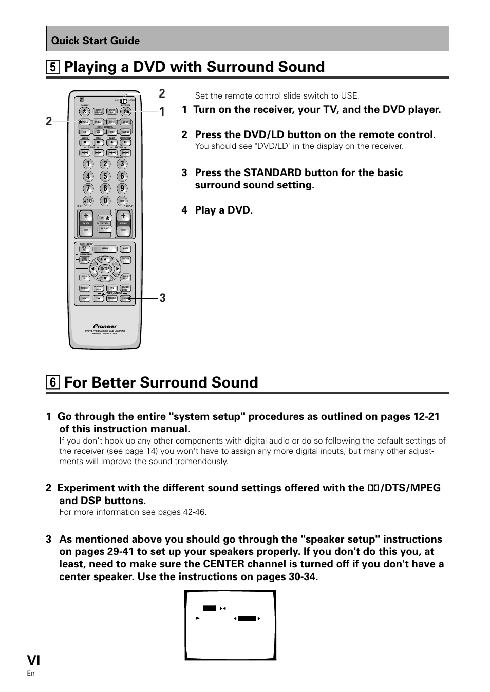 66 for better surround sound, 55 playing a dvd with surround sound, Quick start guide | For more information see pages 42-46, Set the remote control slide switch to use | Pioneer VSX-909RDS User Manual | Page 6 / 96