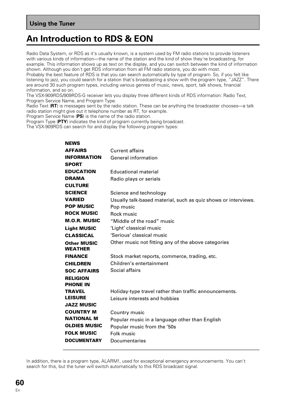 An introduction to rds & eon, Using the tuner | Pioneer VSX-909RDS User Manual | Page 60 / 96