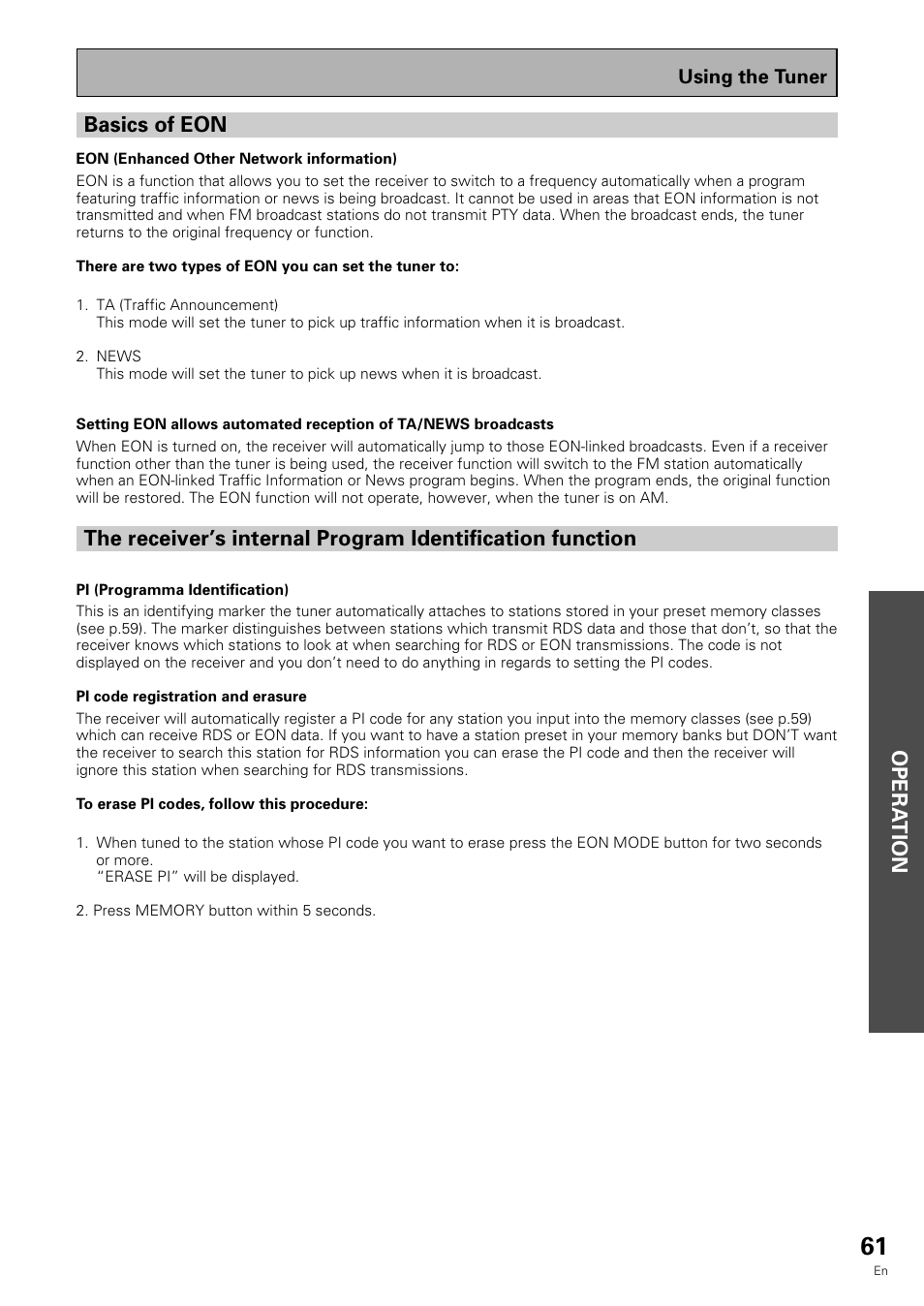 Opera tion, Basics of eon | Pioneer VSX-909RDS User Manual | Page 61 / 96