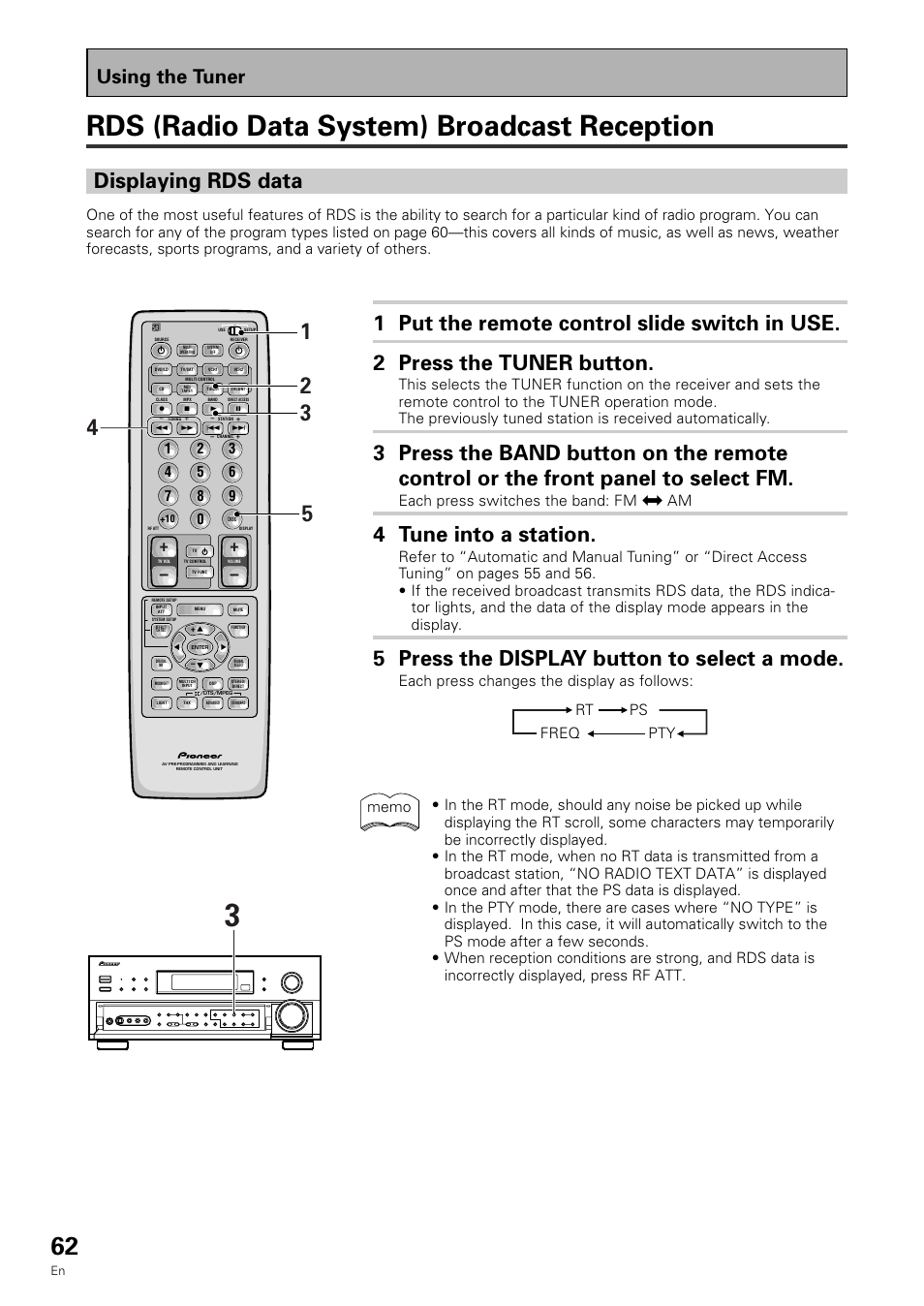 Rds (radio data system) broadcast reception, Displaying rds data, 4 tune into a station | 5 press the display button to select a mode, Using the tuner, Each press switches the band: fm j am | Pioneer VSX-909RDS User Manual | Page 62 / 96