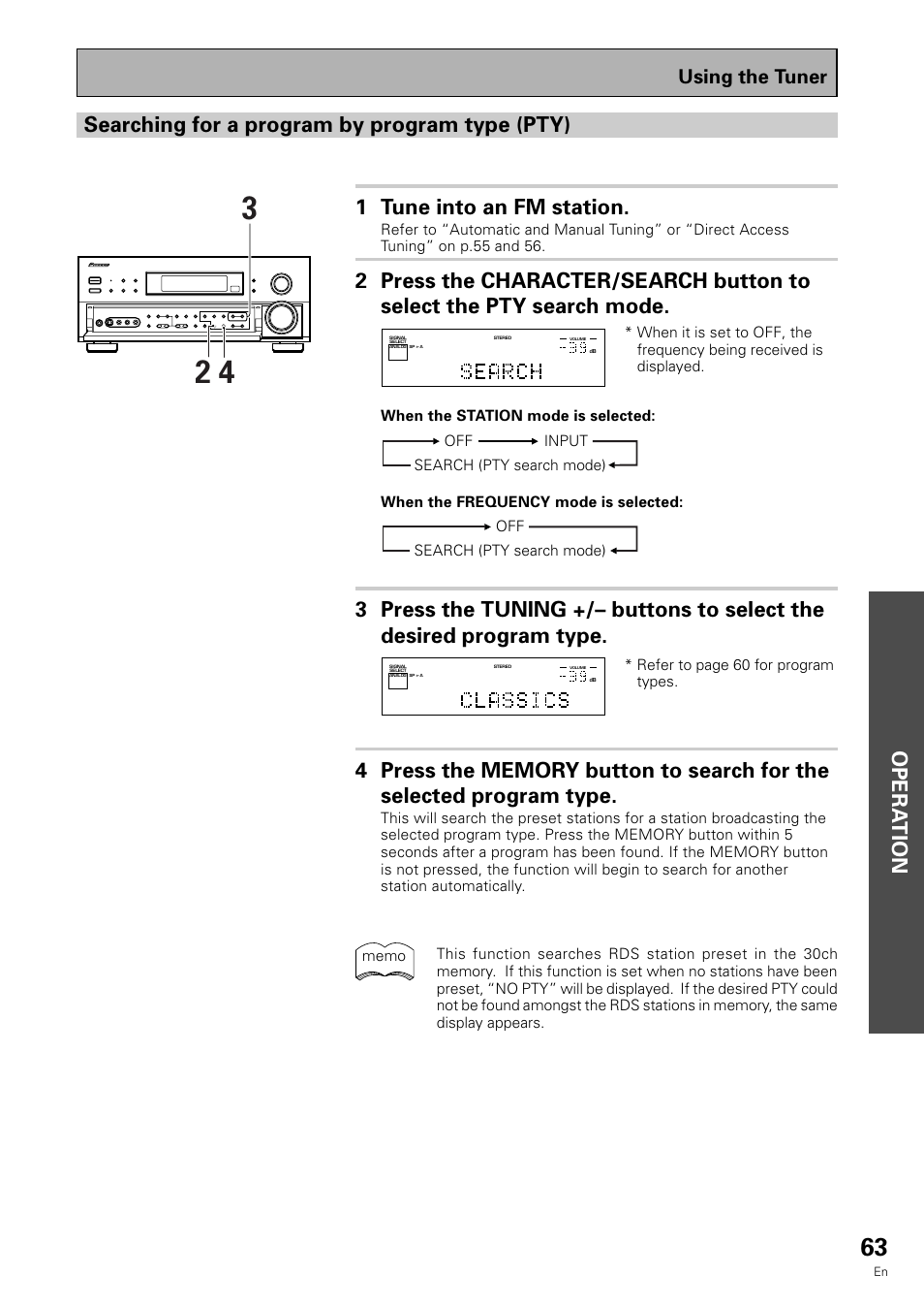 Searching for a program by program type (pty), Opera tion, Using the tuner | Pioneer VSX-909RDS User Manual | Page 63 / 96