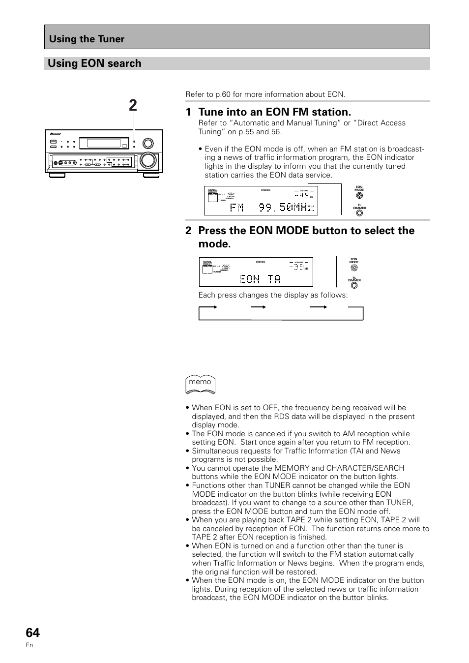 Using eon search, 1 tune into an eon fm station, 2 press the eon mode button to select the mode | Using the tuner, Refer to p.60 for more information about eon, Each press changes the display as follows | Pioneer VSX-909RDS User Manual | Page 64 / 96