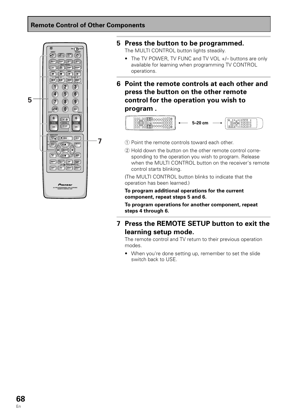 5 press the button to be programmed, Remote control of other components, 5–20 cm | Pioneer VSX-909RDS User Manual | Page 68 / 96