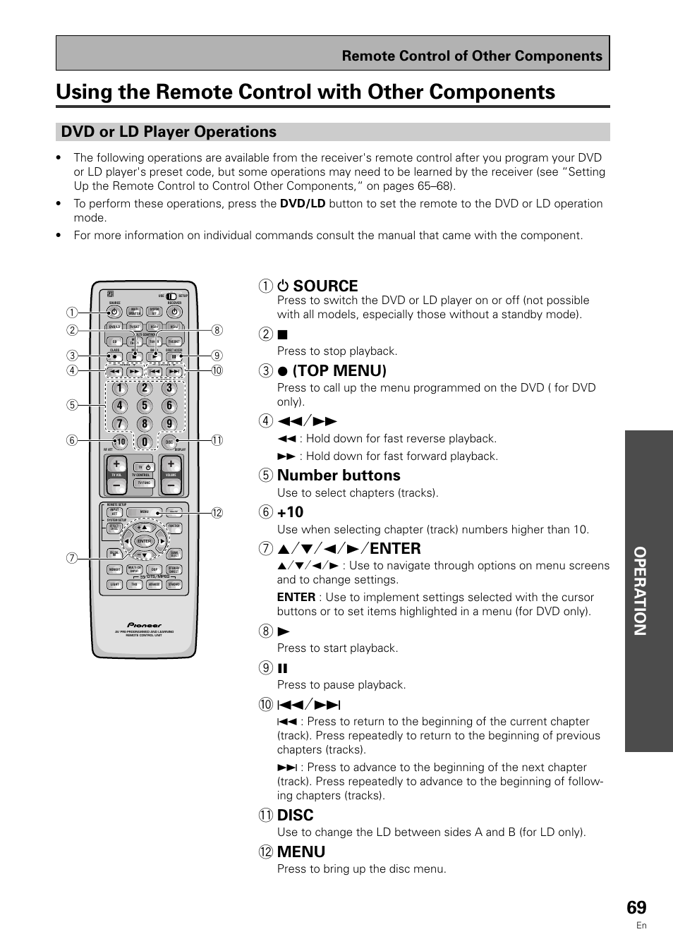 Using the remote control with other components, Opera tion, Dvd or ld player operations | 1source, 3¶ (top menu), 5 number buttons, 75˜∞˜2˜3˜ enter, Disc, Menu, Remote control of other components | Pioneer VSX-909RDS User Manual | Page 69 / 96