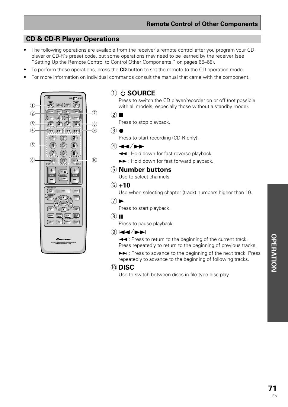 Opera tion, Cd & cd-r player operations, 1 source | 5 number buttons, 0 disc, Remote control of other components, Press to stop playback, Press to start recording (cd-r only), Use to select channels, Press to start playback | Pioneer VSX-909RDS User Manual | Page 71 / 96