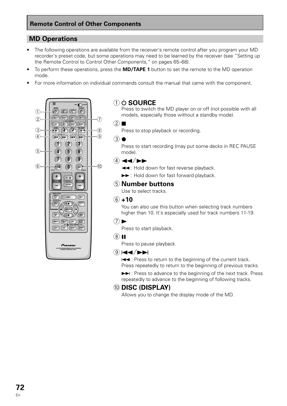 Md operations, 1source, 5 number buttons | 0 disc (display), Remote control of other components, Press to stop playback or recording, Use to select tracks, Press to start playback, Press to pause playback, Allows you to change the display mode of the md | Pioneer VSX-909RDS User Manual | Page 72 / 96