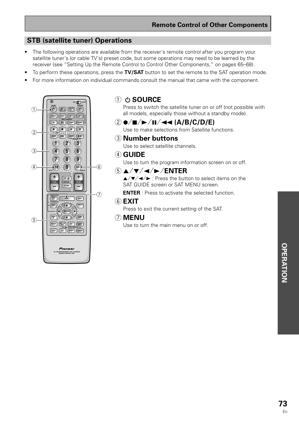 Opera tion, 1 source, 3 number buttons | 4 guide, 55˜∞˜2˜3˜ enter, 6 exit, 7 menu, Stb (satellite tuner) operations, Remote control of other components, Use to make selections from satellite functions | Pioneer VSX-909RDS User Manual | Page 73 / 96