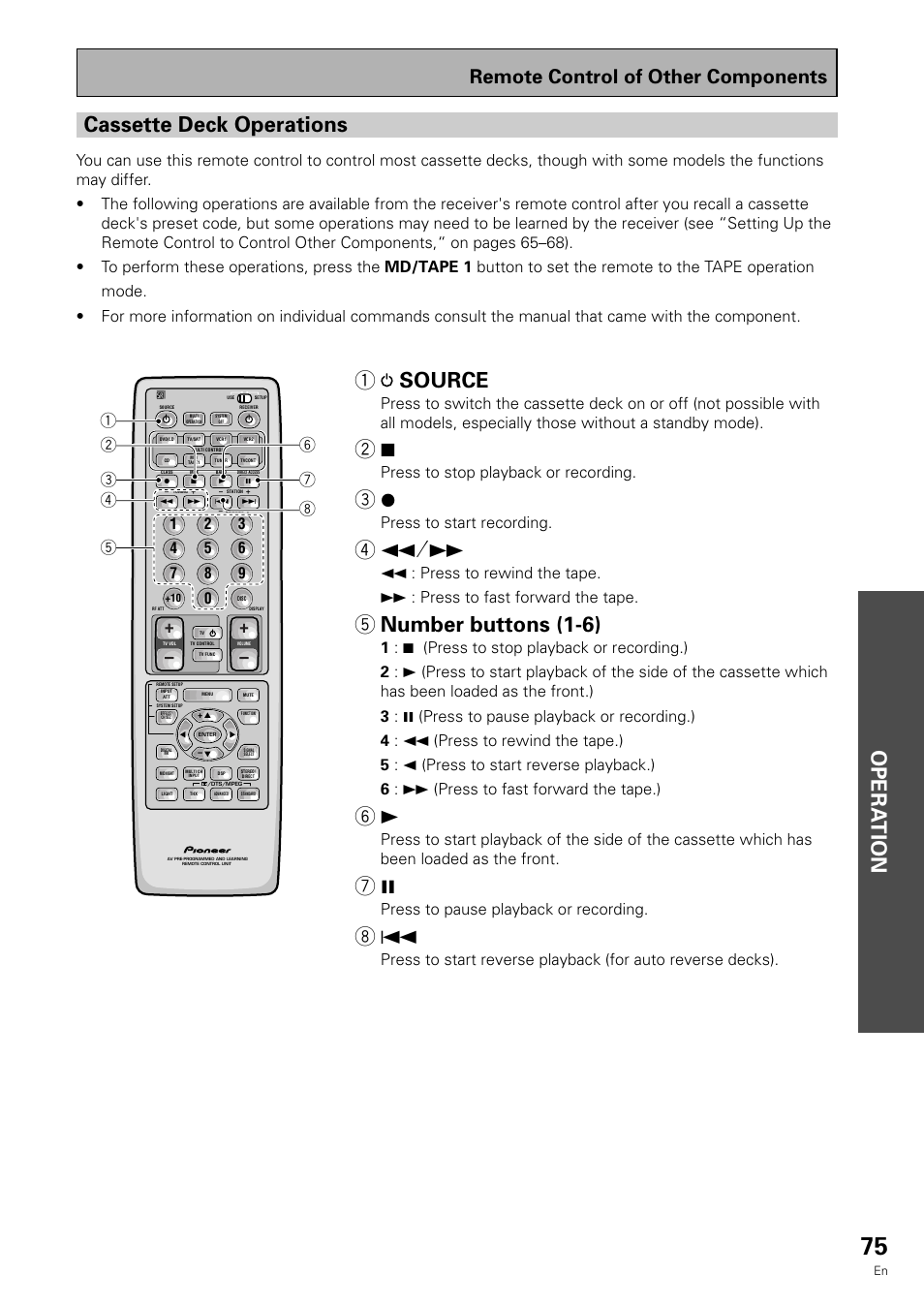 Opera tion, 1 source, 5 number buttons (1-6) | Cassette deck operations, Remote control of other components, Press to stop playback or recording, Press to start recording, Press to pause playback or recording | Pioneer VSX-909RDS User Manual | Page 75 / 96