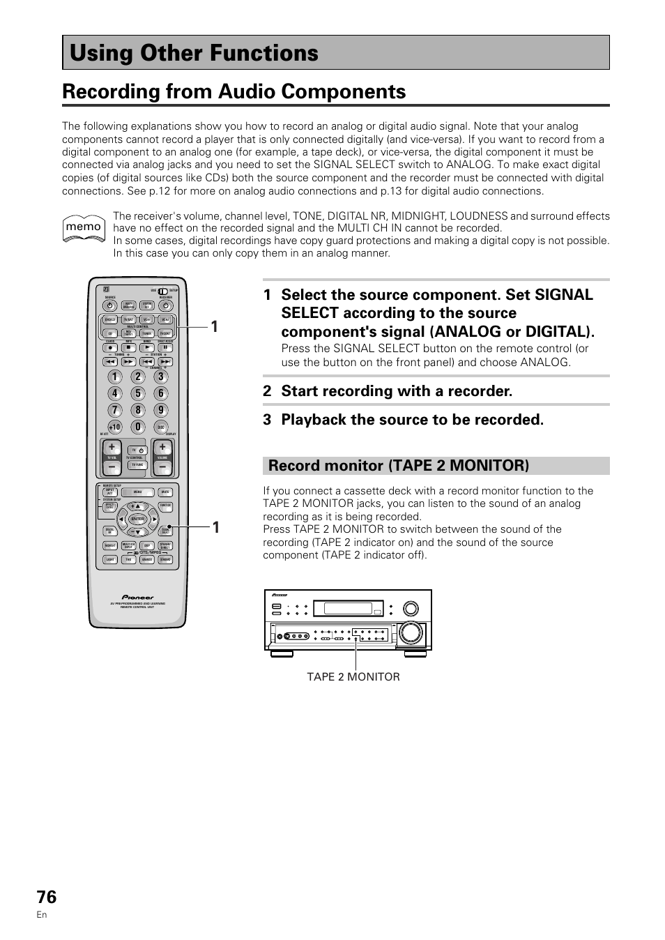 Using other functions, Recording from audio components, Tape 2 monitor | Pioneer VSX-909RDS User Manual | Page 76 / 96