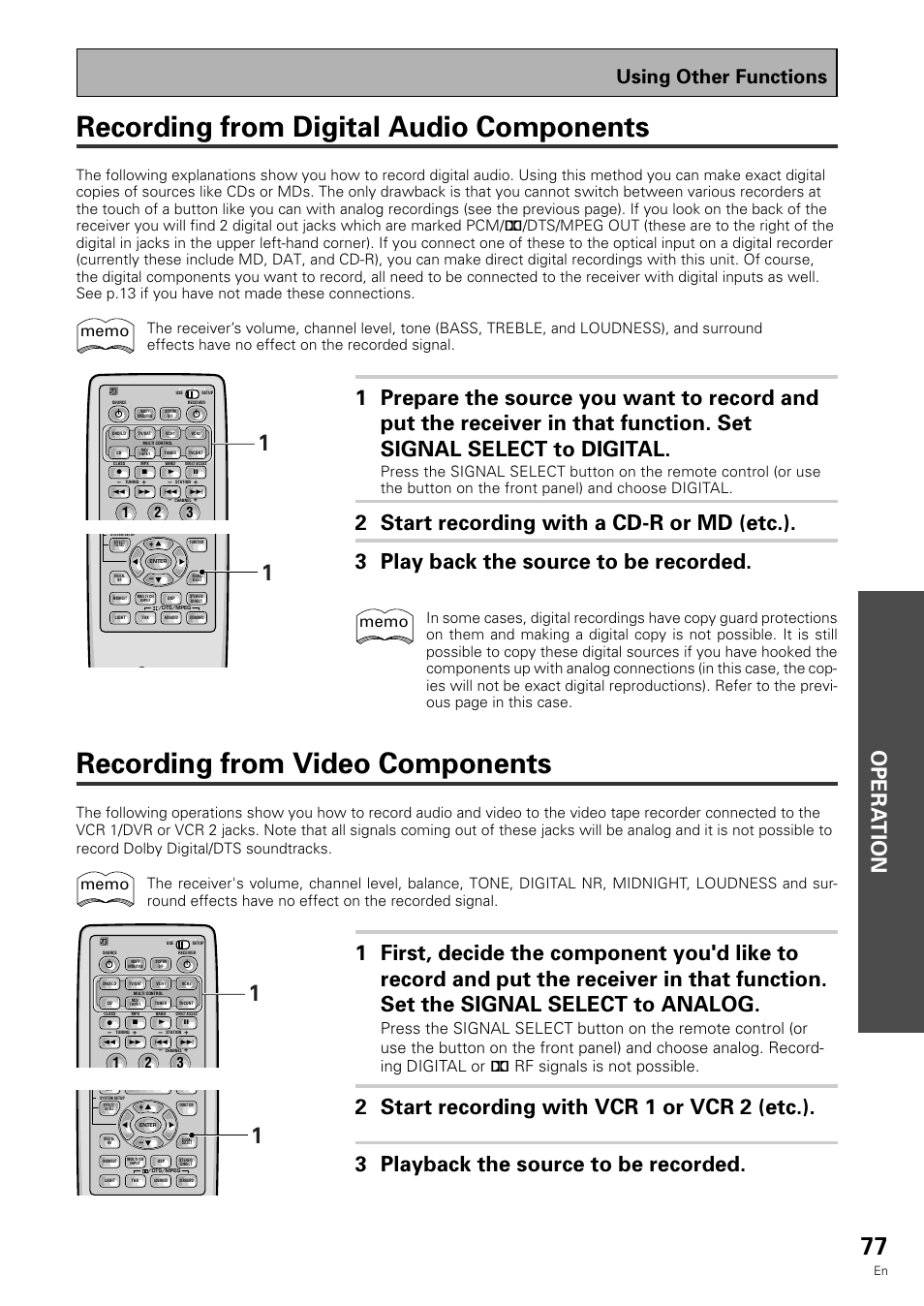 Recording from video components, Recording from digital audio components, Opera tion | Using other functions | Pioneer VSX-909RDS User Manual | Page 77 / 96