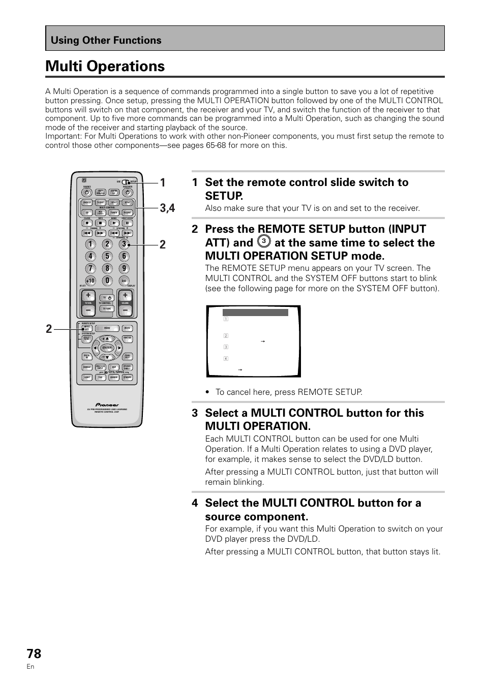 Multi operations, 1 set the remote control slide switch to setup, 2 press the remote setup button (input att) and | Using other functions | Pioneer VSX-909RDS User Manual | Page 78 / 96