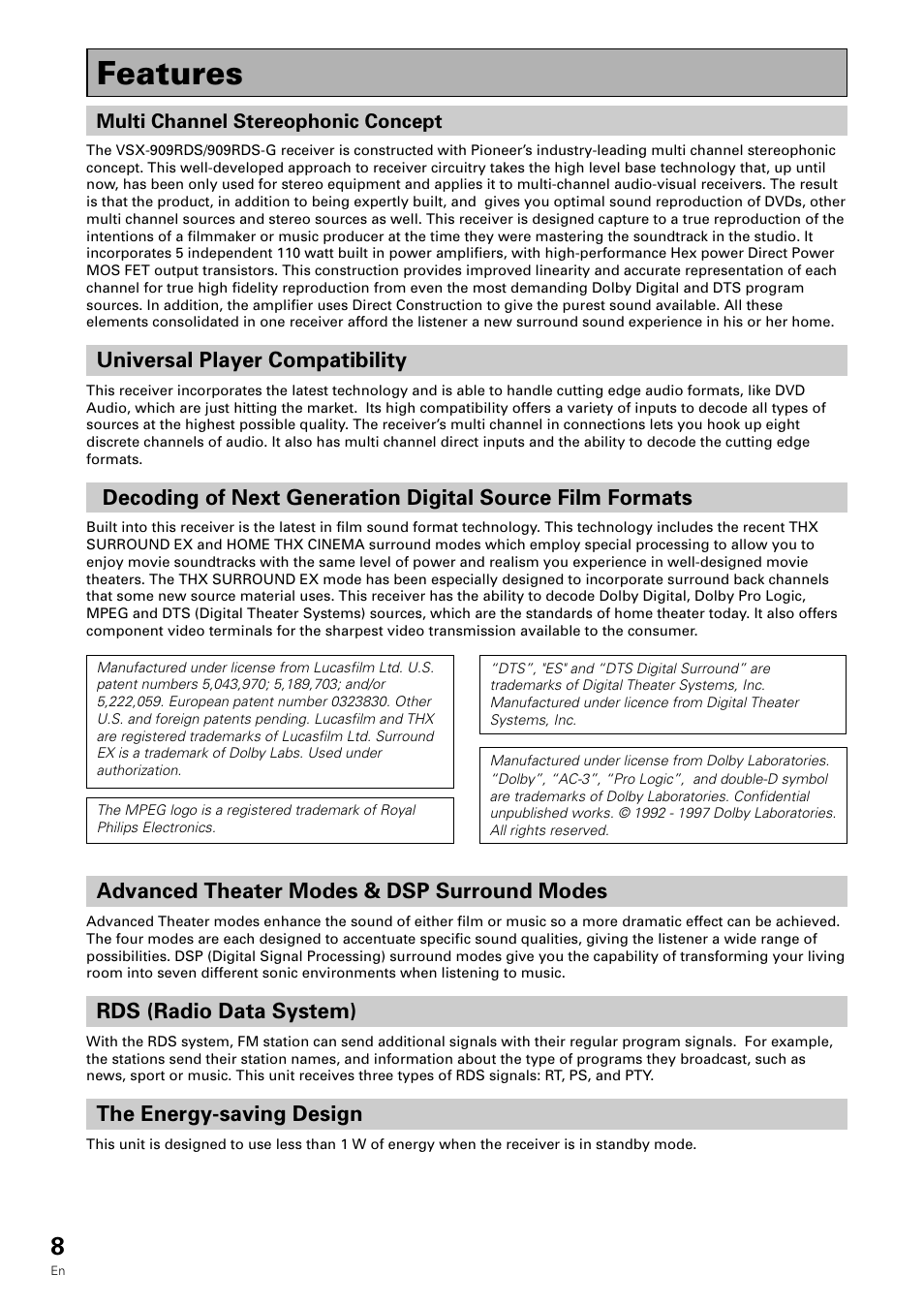 Features, Universal player compatibility, Advanced theater modes & dsp surround modes | Rds (radio data system), The energy-saving design | Pioneer VSX-909RDS User Manual | Page 8 / 96