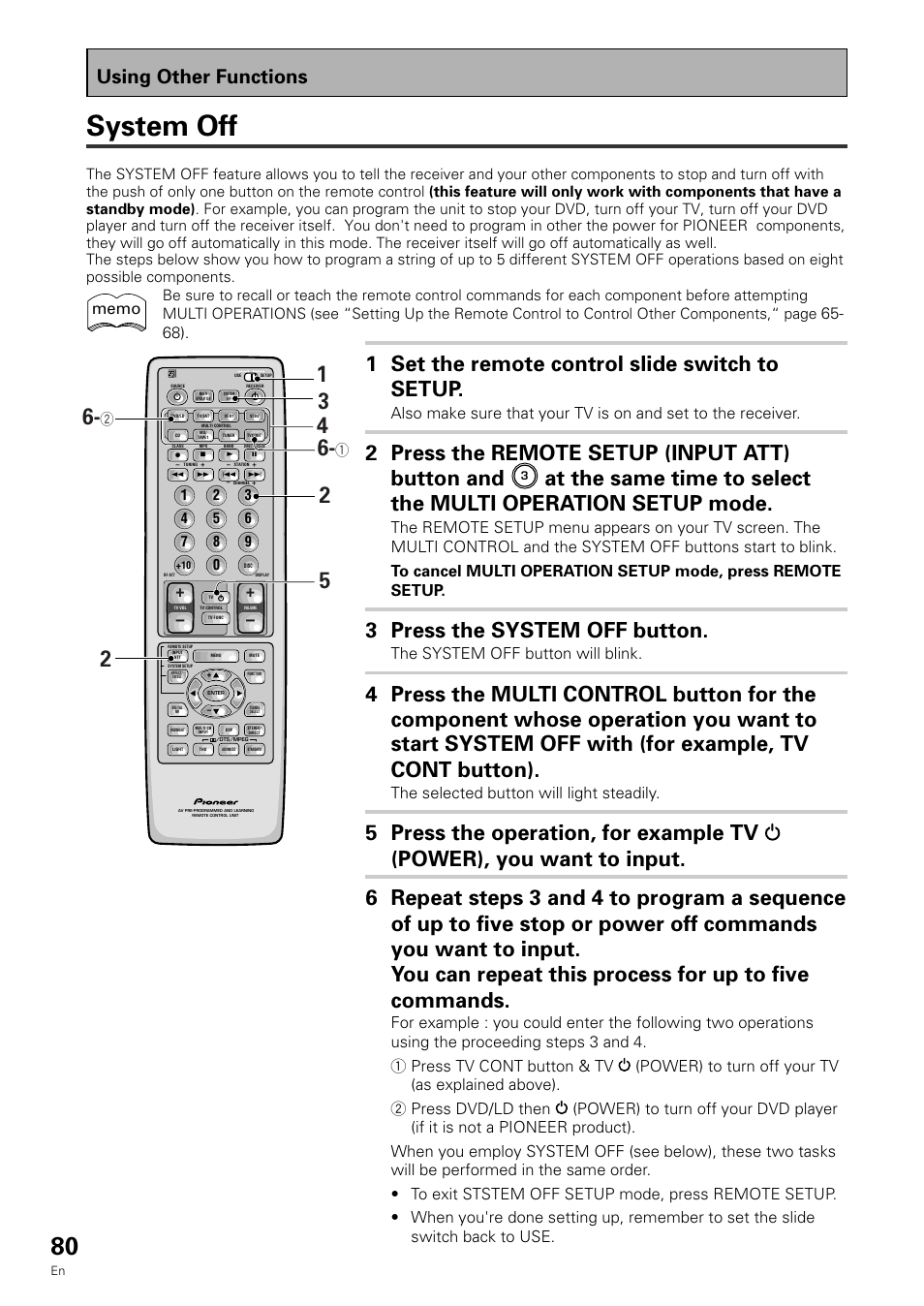System off, 1 set the remote control slide switch to setup, 2 press the remote setup (input att) button and | 3 press the system off button, Using other functions, The system off button will blink, The selected button will light steadily | Pioneer VSX-909RDS User Manual | Page 80 / 96