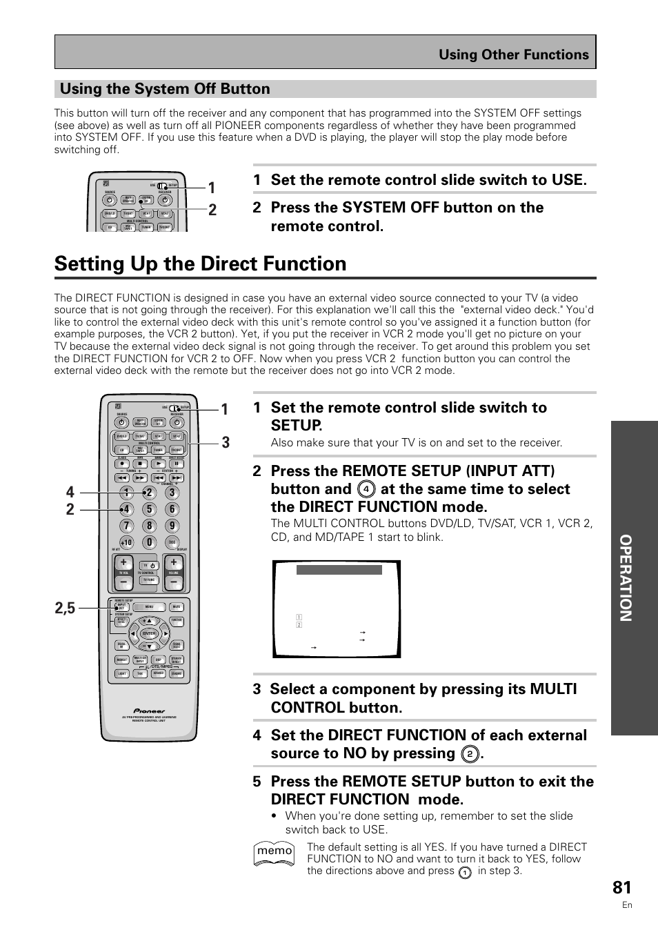 Setting up the direct function, Opera tion, 1 set the remote control slide switch to setup | 2 press the remote setup (input att) button and, Using the system off button, Using other functions | Pioneer VSX-909RDS User Manual | Page 81 / 96