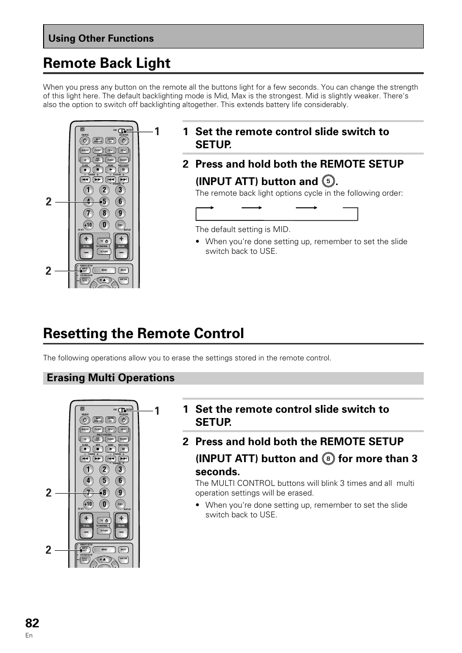 Remote back light, Resetting the remote control, For more than 3 seconds | Using other functions, Mid max off | Pioneer VSX-909RDS User Manual | Page 82 / 96