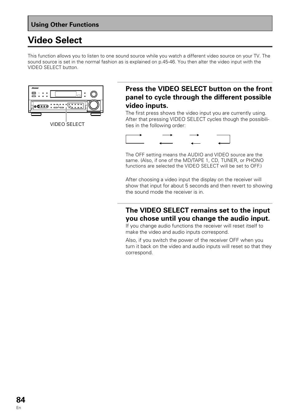 Video select, Using other functions | Pioneer VSX-909RDS User Manual | Page 84 / 96