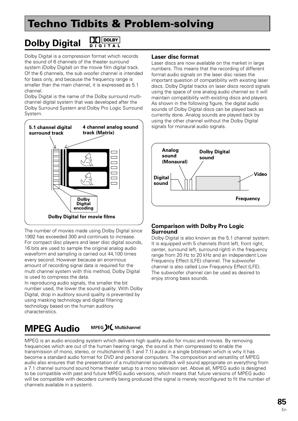 Techno tidbits & problem-solving, Dolby digital, Mpeg audio | Pioneer VSX-909RDS User Manual | Page 85 / 96