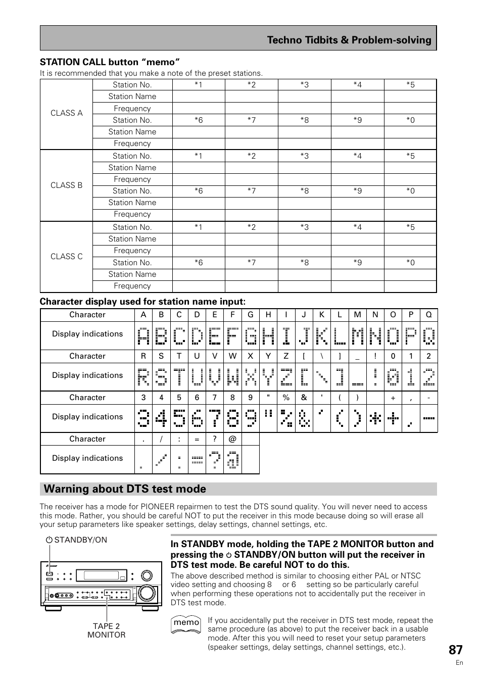 Warning about dts test mode, Techno tidbits & problem-solving | Pioneer VSX-909RDS User Manual | Page 87 / 96
