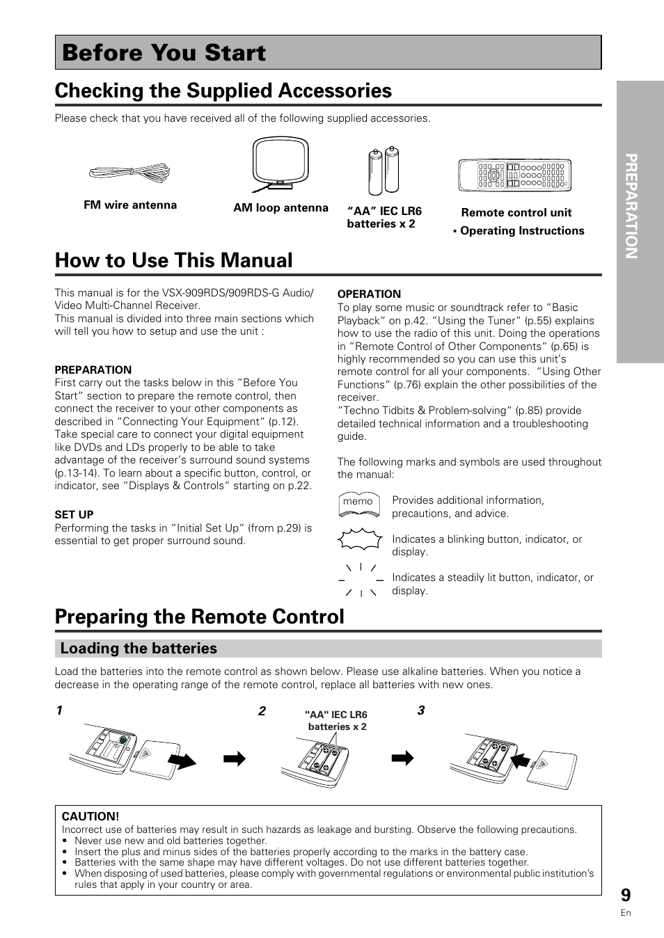 Before you start, Checking the supplied accessories, How to use this manual | Preparing the remote control | Pioneer VSX-909RDS User Manual | Page 9 / 96