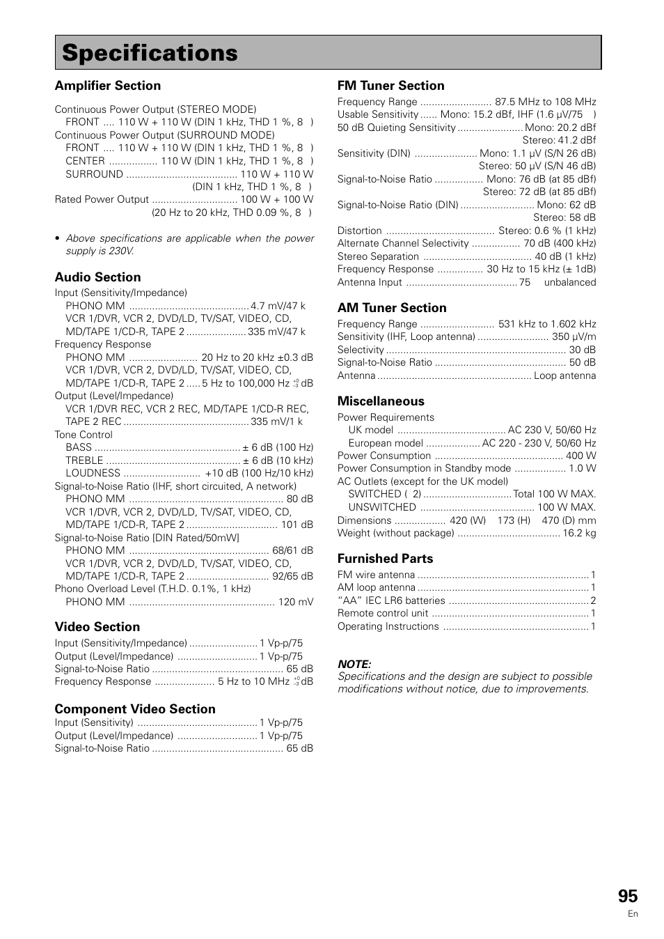 Specifications, Miscellaneous, Furnished parts | Pioneer VSX-909RDS User Manual | Page 95 / 96