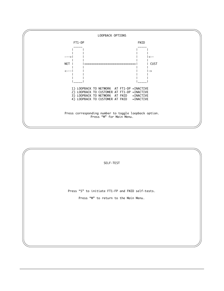 Figure 9. loopback options screen, Figure 10. self-test options screen | ADTRAN FNID User Manual | Page 9 / 16