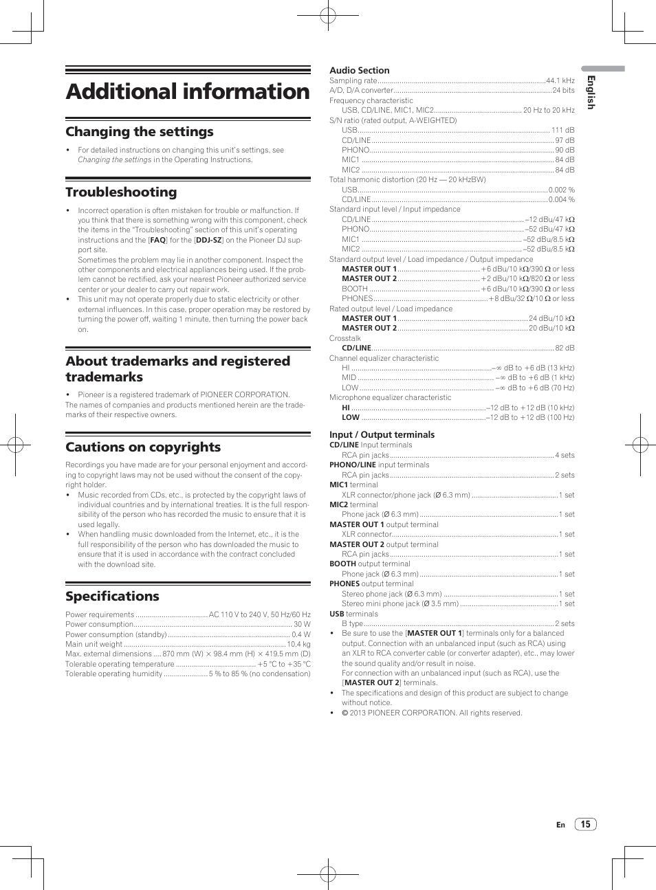 Additional information, Changing the settings, Troubleshooting | About trademarks and registered trademarks, Cautions on copyrights, Specifications | Pioneer DDJ-SZ User Manual | Page 15 / 116