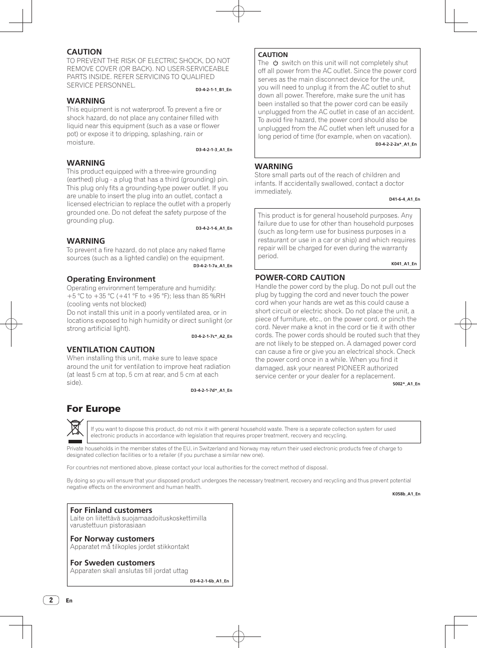 For europe, Caution, Warning | Operating environment, Ventilation caution, Power-cord caution | Pioneer DDJ-SZ User Manual | Page 2 / 116