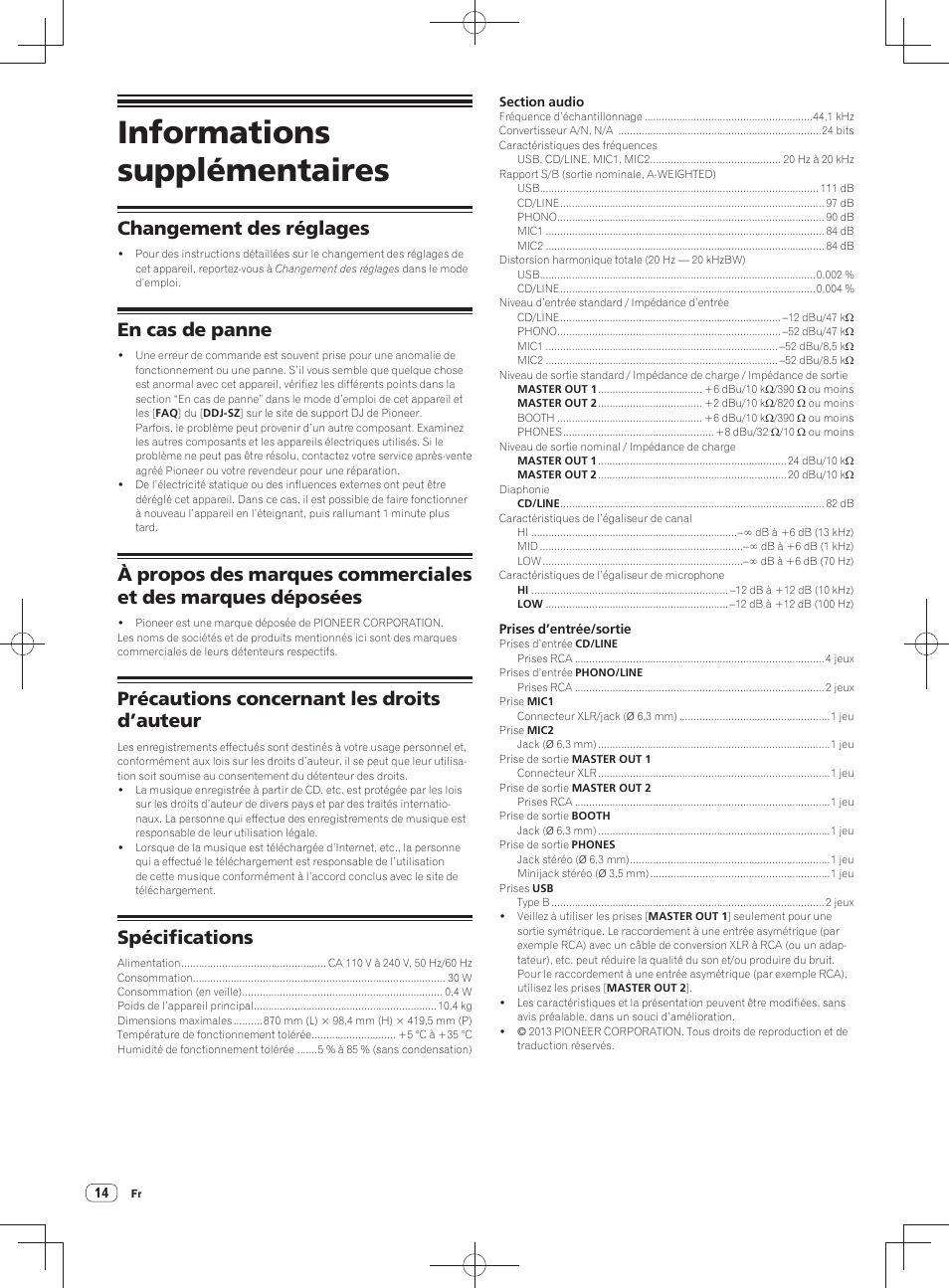 Informations supplémentaires, Changement des réglages, En cas de panne | Précautions concernant les droits d’auteur, Spécifications | Pioneer DDJ-SZ User Manual | Page 28 / 116