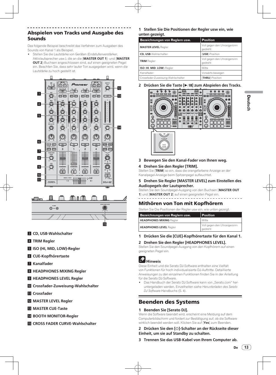 Beenden des systems, Abspielen von tracks und ausgabe des sounds, Mithören von ton mit kopfhörern | Pioneer DDJ-SZ User Manual | Page 41 / 116