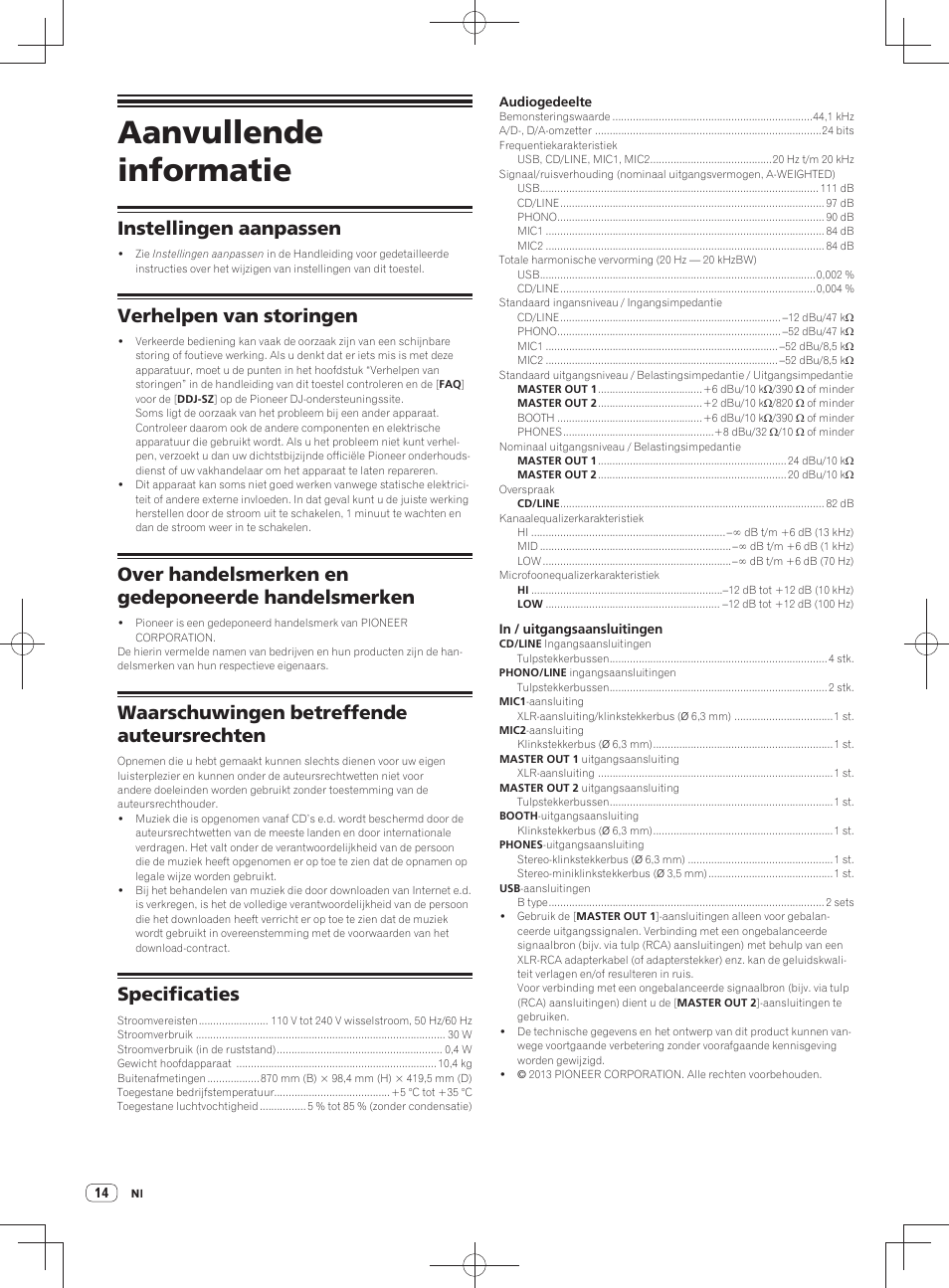 Aanvullende informatie, Instellingen aanpassen, Verhelpen van storingen | Over handelsmerken en gedeponeerde handelsmerken, Waarschuwingen betreffende auteursrechten, Specificaties | Pioneer DDJ-SZ User Manual | Page 70 / 116