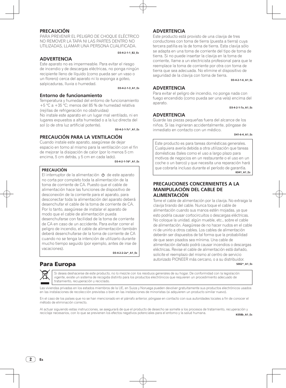 Para europa, Precaución, Advertencia | Precaución para la ventilación, Entorno de funcionamiento | Pioneer DDJ-SZ User Manual | Page 72 / 116