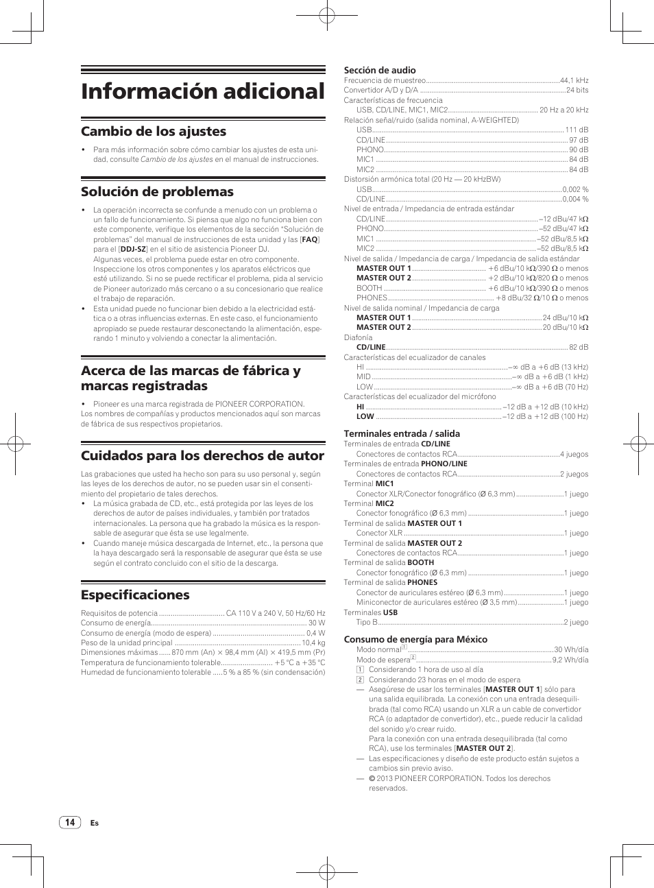 Información adicional, Cambio de los ajustes, Solución de problemas | Cuidados para los derechos de autor, Especificaciones | Pioneer DDJ-SZ User Manual | Page 84 / 116