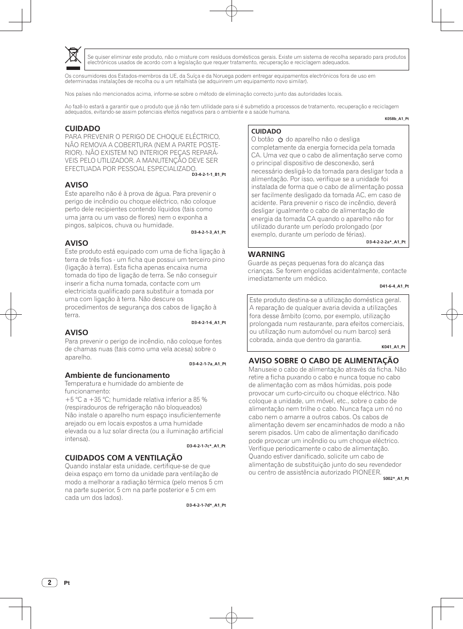 Cuidado, Aviso, Ambiente de funcionamento | Cuidados com a ventilação, Aviso sobre o cabo de alimentação, Warning | Pioneer DDJ-SZ User Manual | Page 86 / 116