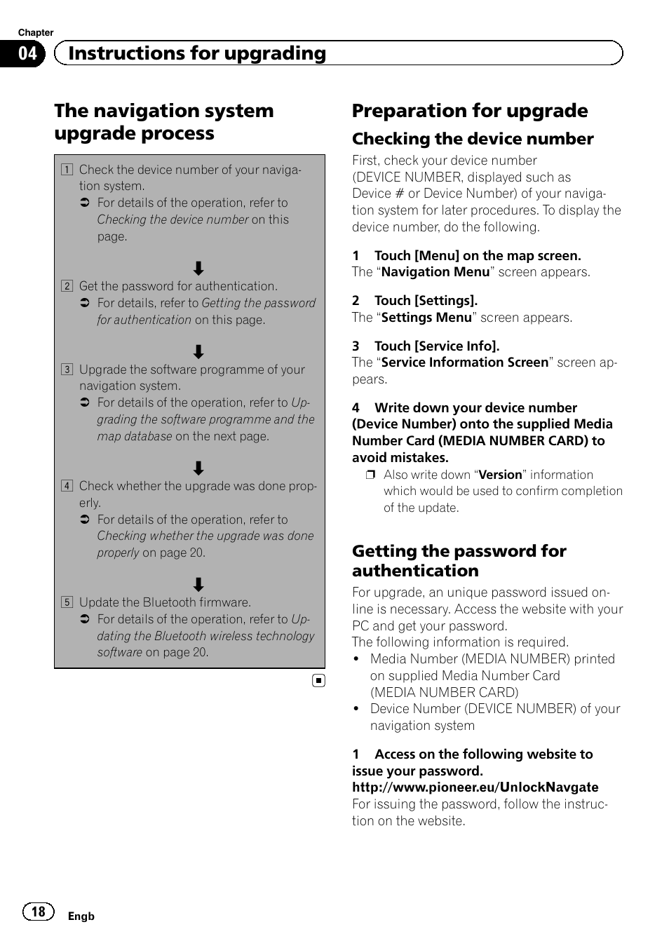 Preparation for upgrade, Checking the device number 18, Getting the password for | Authentication, The navigation system upgrade process, 04 instructions for upgrading, Checking the device number, Getting the password for authentication | Pioneer CNSD-130FM User Manual | Page 18 / 24