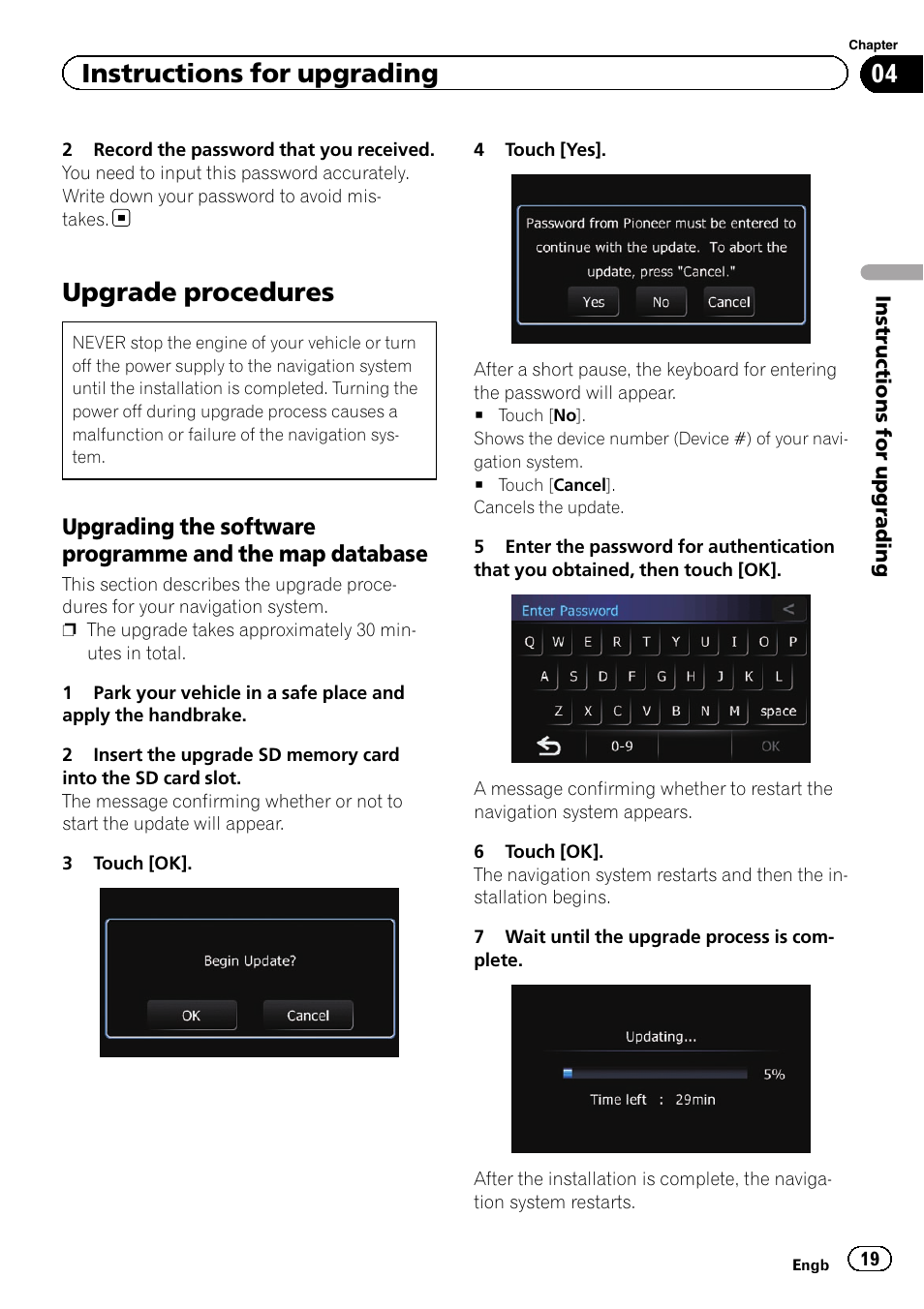 Upgrade procedures, Upgrading the software programme, And the map database | Instructions for upgrading | Pioneer CNSD-130FM User Manual | Page 19 / 24