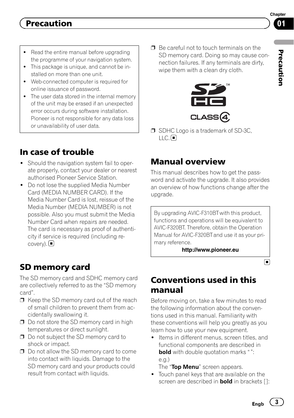 Precaution in case of trouble, Sd memory card, Manual overview | Conventions used in this manual, Precaution | Pioneer CNSD-130FM User Manual | Page 3 / 24