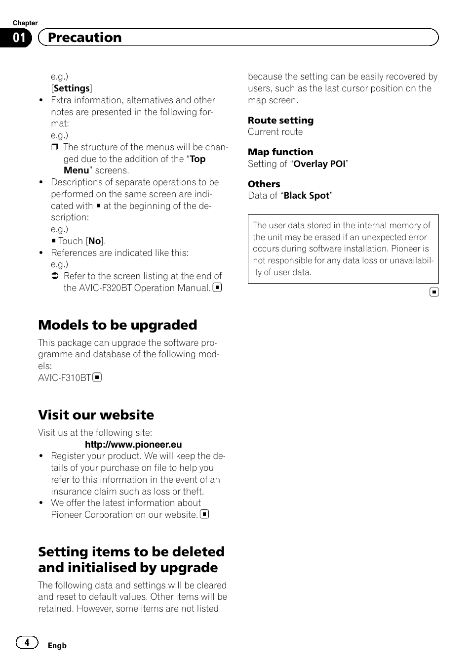 Models to be upgraded, Visit our website, Setting items to be deleted and initialised by | Upgrade, 01 precaution | Pioneer CNSD-130FM User Manual | Page 4 / 24