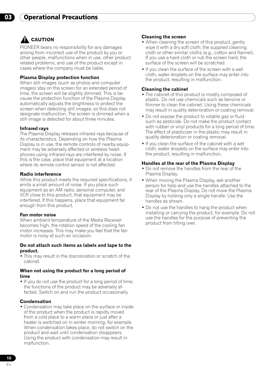 03 operational precautions | Pioneer PDP 434HDE User Manual | Page 10 / 248