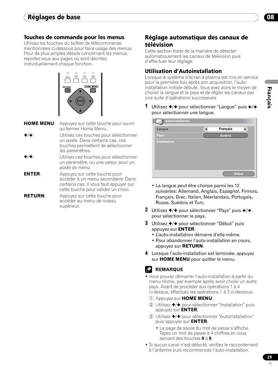 Touches de commande pour les menus, Réglage automatique des canaux de télévision, Utilisation d’autoinstallation | 08 réglages de base | Pioneer PDP 434HDE User Manual | Page 105 / 248