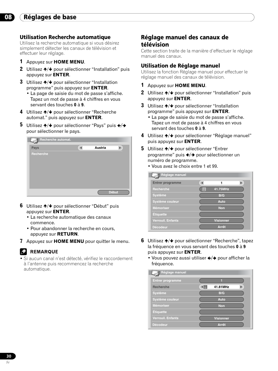 Utilisation recherche automatique, Réglage manuel des canaux de télévision, Utilisation de réglage manuel | 08 réglages de base | Pioneer PDP 434HDE User Manual | Page 106 / 248